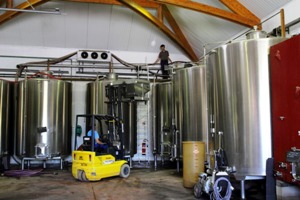 Putting the grapes into the fermentation tank using a forklift truck